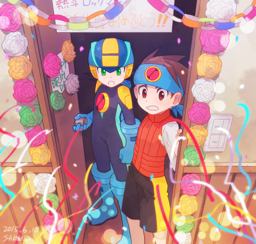 2boys :o artist_name blue_footwear blue_gloves bodysuit boots brown_eyes brown_hair colorful confetti dated door elbow_gloves flower gloves green_eyes happy_birthday headband helmet highres hikari_netto male_focus multiple_boys opening_door rockman rockman_exe rockman_exe_(character) room rose sakino_(sanodon) shorts spiked_hair standing surprised vest