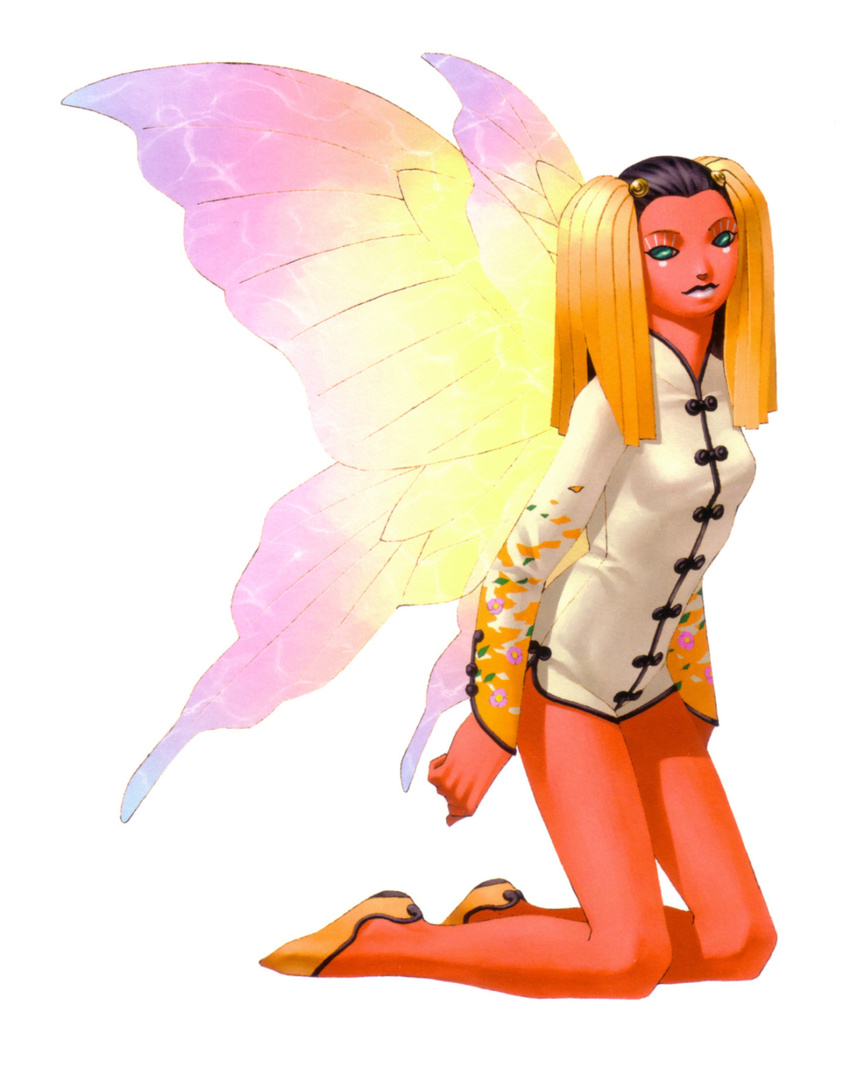 blonde_hair butterfly_wings china_dress chinese_clothes dress green_eyes highres hua-po kazuma_kaneko long_hair megami_tensei multicolored_hair official_art red_skin shin_megami_tensei simple_background solo white_background wings