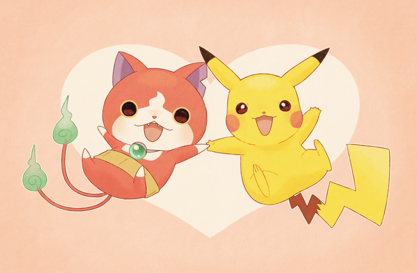 bad_pixiv_id cat crossover fangs fire gen_1_pokemon haramaki heart jibanyan kanacho looking_at_viewer multiple_tails no_humans notched_ear open_mouth pikachu pokemon pokemon_(creature) tail tail-tip_fire two_tails youkai youkai_watch