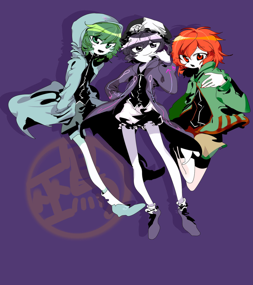 androgynous bad_id bad_pixiv_id black_hair coat frilled_hat frills green_eyes green_hair hat highres hood hooded_jacket hoodie jacket len'en ling_s multiple_others necktie open_mouth puffy_pants puffy_shorts purple_eyes red_eyes red_hair shitodo_aoji shitodo_hooaka shitodo_kuroji short_hair shorts siblings smile triangular_headpiece