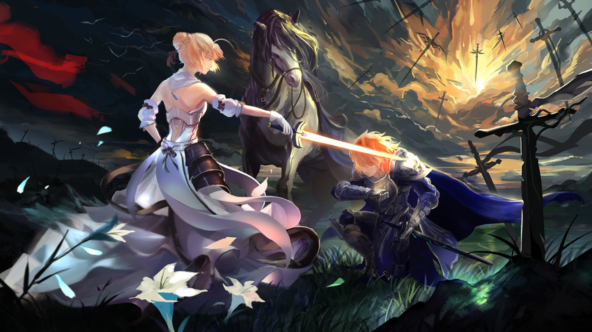 1girl absurdres armor artoria_pendragon_(all) bad_id bad_pixiv_id blonde_hair commentary_request dress emiya_shirou excalibur fate/stay_night fate/unlimited_codes fate_(series) faulds field_of_blades flying_sword gown hair_bun highres horse ice_(805482263) knighting long_hair orange_hair planted_weapon saber saber_lily weapon