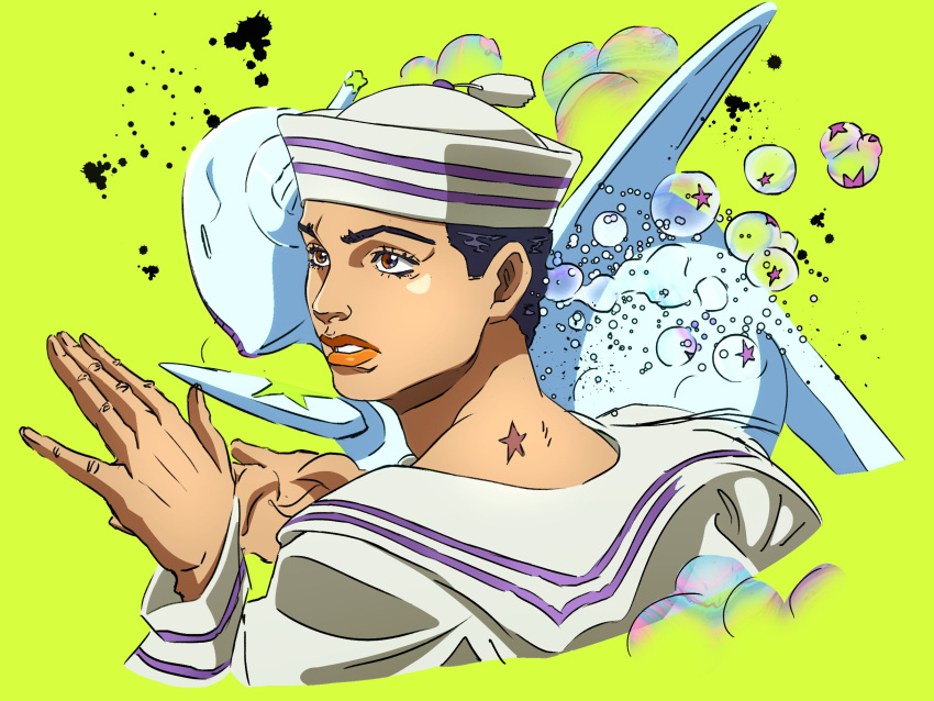 1boy 1other birthmark black_hair blue_eyes bubble colored_skin colorized grandguerrilla green_background hachuart hat higashikata_josuke_(jojolion) highres jacket joestar_birthmark jojo_no_kimyou_na_bouken jojolion long_sleeves multicolored_jacket orange_eyes orange_lips parted_lips sailor sailor_collar sailor_hat shirt soft_&amp;_wet star_(symbol) two-tone_jacket white_hat white_sailor_collar white_shirt white_skin