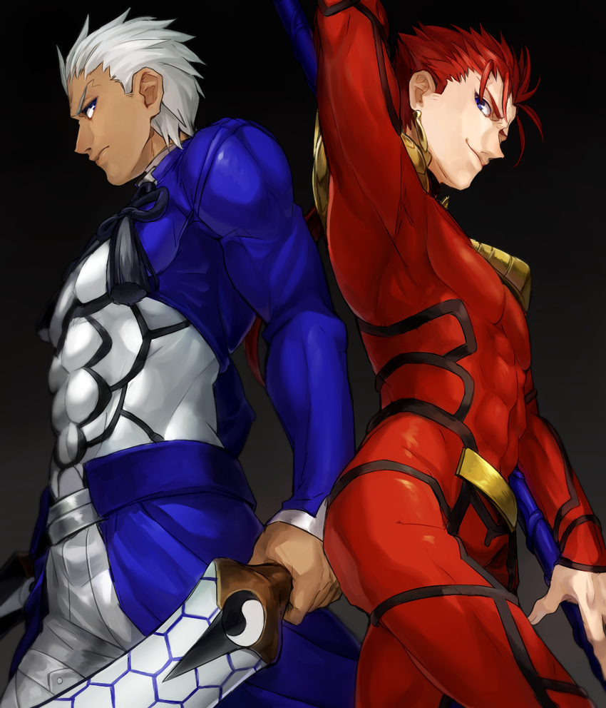 archer blue_eyes bodysuit dark_skin dark_skinned_male dual_wielding fate/stay_night fate_(series) gae_bolg highres holding holding_sword holding_weapon kanshou_&amp;_bakuya lancer male_focus multiple_boys palette_swap polearm red_hair ruchi skin_tight skindentation spear sword weapon white_hair