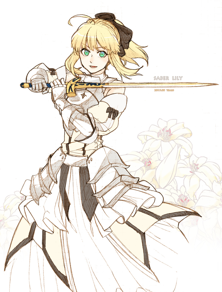 ahoge armor armored_dress artoria_pendragon_(all) bare_shoulders blonde_hair bow caliburn detached_sleeves fate/stay_night fate/unlimited_codes fate_(series) gauntlets green_eyes hair_bow highres orca9102 ponytail saber saber_lily solo