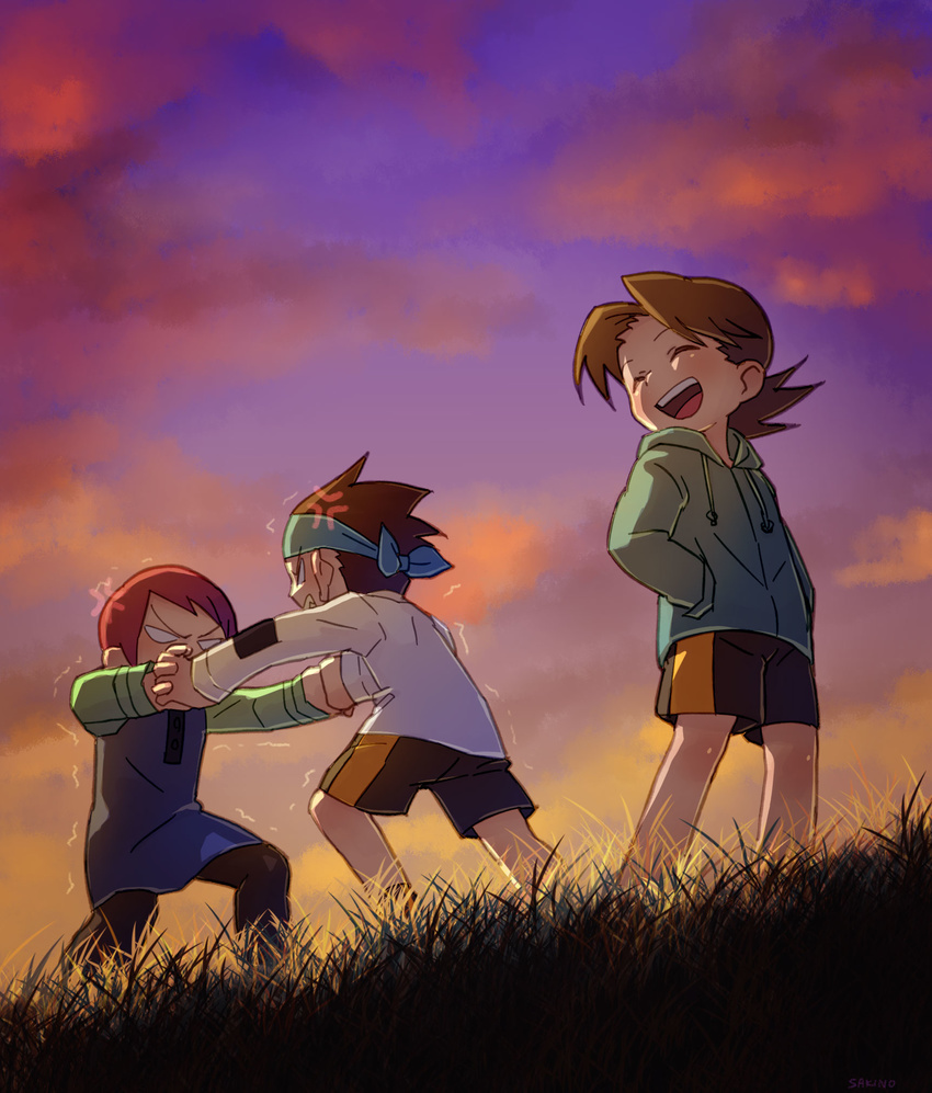 2boys :d anger_vein angry brothers casual child closed_eyes evening field fighting friends grass hands_in_pockets highres hikari_netto hikari_saito holding_hands interlocked_fingers laughing multiple_boys open_mouth outdoors rockman rockman_exe sakino_(sanodon) sakurai_meiru shorts siblings sky smile sunset teeth twilight younger