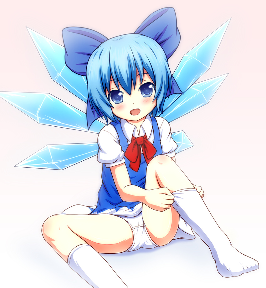 cirno fang highres mofupaka panties pantyshot sock_pull socks solo touhou underwear white_legwear