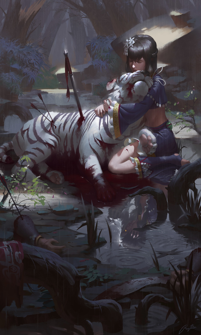absurdres arrow black_hair blood blood_in_mouth closed_eyes coin_(ornament) different_reflection forest glowing glowing_eye highres hug impaled injury magatama midriff nature on_ground pixiv_fantasia pixiv_fantasia_t pool_of_blood puddle rain reflection regition ripples severed_limb sitting sword tiger wariza water weapon white_tiger