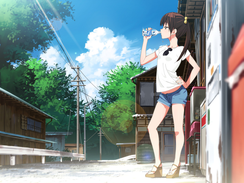 bad_id bad_pixiv_id bottle brown_eyes brown_hair building cloud collarbone contrapposto day domo1220 drinking eyewear_hang eyewear_removed gashapon gashapon_machine hand_on_hip high_heels highres holding holding_bottle lens_flare light_rays long_hair midriff_peek no_socks original outdoors pocari_sweat ponytail power_lines sandals scenery shirt short_sleeves shorts sky solo sparkle standing sunbeam sunglasses sunlight t-shirt vending_machine water_bottle white_shirt window