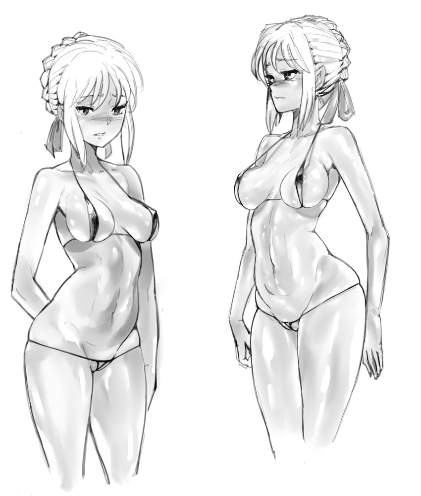 artoria_pendragon_(all) bikini blush braid breasts covered_nipples d1975 fate/stay_night fate_(series) greyscale hair_ribbon highres looking_at_viewer medium_breasts micro_bikini monochrome multiple_views navel parted_lips pussy ribbon saber skindentation swimsuit
