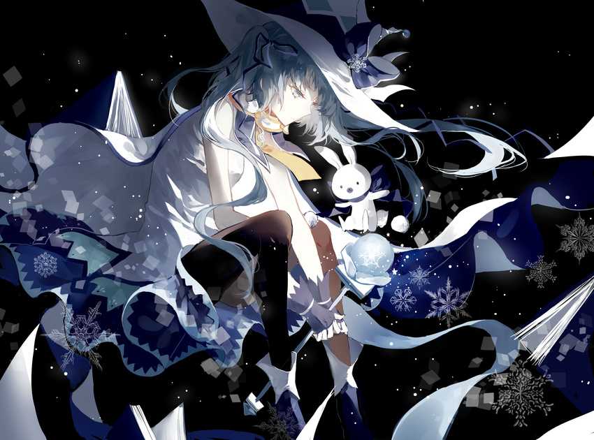 aqua_eyes aqua_hair black_background black_legwear blue_gloves bunny cape cui_(jidanhaidaitang) fingerless_gloves frilled_skirt frills gloves hat hatsune_miku highres long_hair md5_mismatch necktie pantyhose simple_background skirt sleeveless snow snowflakes staff suki!_yuki!_maji_magic_(vocaloid) treble_clef twintails very_long_hair vocaloid witch_hat yuki_miku yukine_(vocaloid)