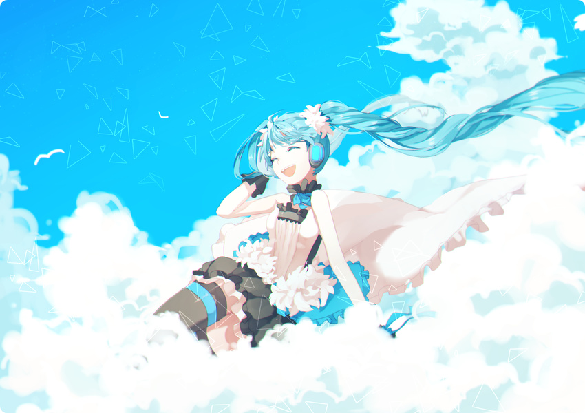 7th_dragon_(series) 7th_dragon_2020 aqua_hair closed_eyes cloud floating_hair hatsune_miku headphones highres hisu_(hiss_1107) long_hair open_mouth skirt sky solo thighhighs twintails very_long_hair vocaloid