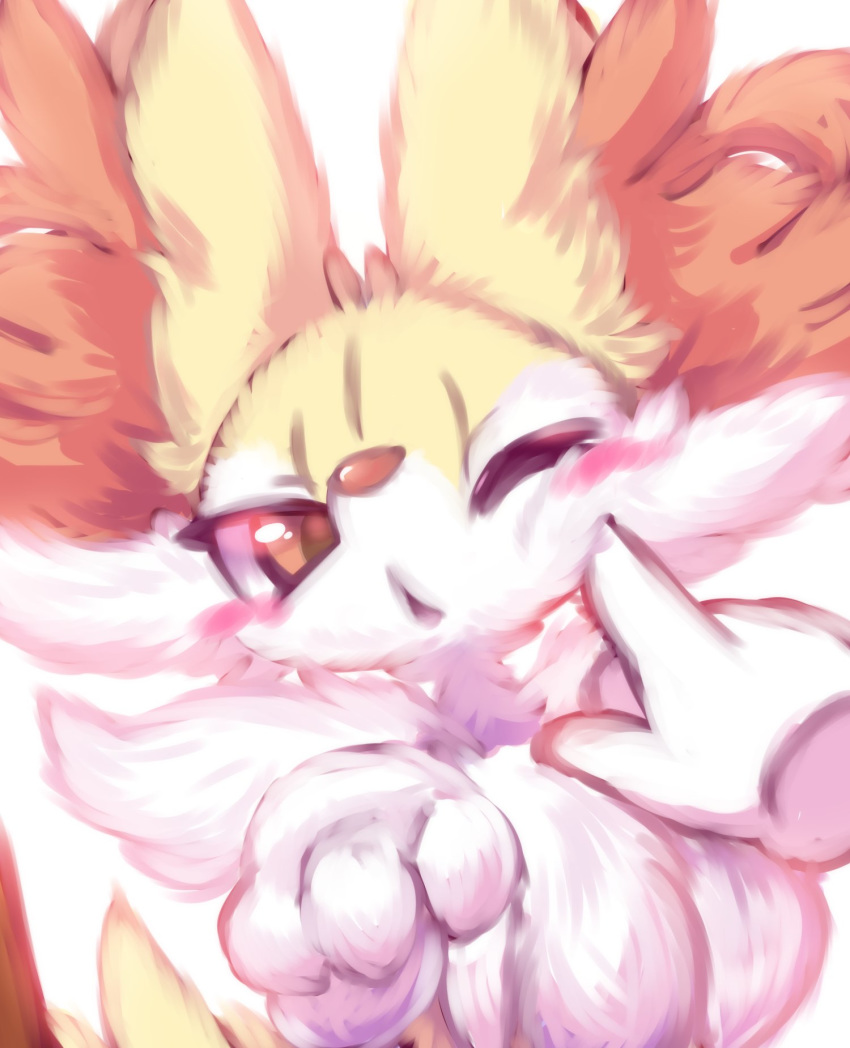 3_fingers ambiguous_gender big_ears blush blush_sticker braixen canine cheek_tuft chest_tuft claws disembodied_hand feral fluffy fox fur inner_ear_fluff mammal nintendo nude nyaswitchnya paws pok&eacute;mon pok&eacute;mon_(species) poking red_eyes red_fur shoulder_tuft snout solo stick tuft video_games yellow_fur