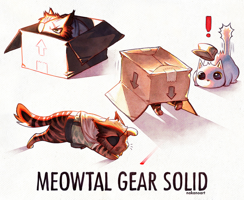 animal animalization big_boss box cardboard_box cat clothed_animal eyepatch hat in_box in_container metal_gear_(series) nana_nakano no_humans shadow simple_background snake_box_sneak white_background