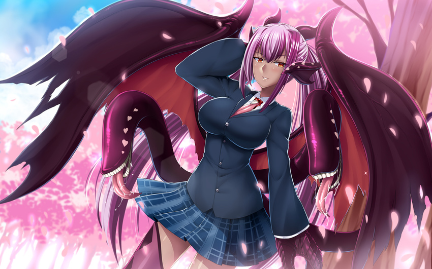 absurdres alternate_costume breasts butter-t cherry_blossoms claws dark_skin demon_wings extra_tongue hand_behind_head highres horns impossible_clothes impossible_jacket jabberwock_(monster_girl_encyclopedia) jacket large_breasts lens_flare light_smile long_hair long_tongue looking_at_viewer miniskirt monster_girl monster_girl_encyclopedia necktie petals plaid plaid_skirt purple_hair red_eyes school_uniform skirt solo tongue tongue_out twintails very_long_hair wings
