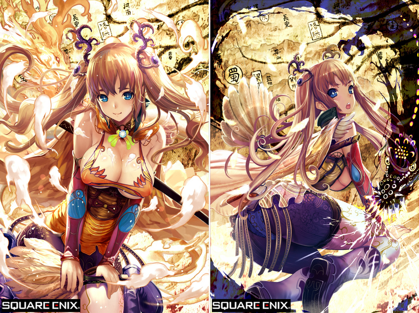 all_fours architecture ass bare_shoulders bed blonde_hair blue_eyes blush book_stack boots breasts brooch cape cleavage copyright_name corset covered_nipples dragon dress east_asian_architecture eastern_dragon feather_fan from_behind headdress highres jewelry kanji large_breasts long_hair looking_at_viewer looking_back multiple_views official_art open_mouth purple_footwear sangokushi_ranbu scabbard scowl sheath sitting smile sparkling_eyes square_enix suke_akurou sword tareme thighhighs tsurime twintails underboob vambraces wariza watermark weapon white_legwear