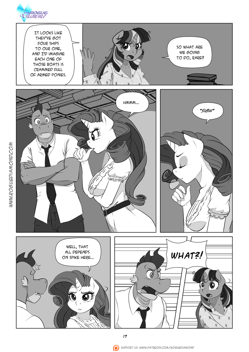 2015 anthro anthrofied black_and_white comic computer dialogue dragon english_text equine fangs female friendship_is_magic greyscale group horn laptop male mammal monochrome my_little_pony pia-sama rarity_(mlp) slit_pupils spike_(mlp) text twilight_sparkle_(mlp) unicorn