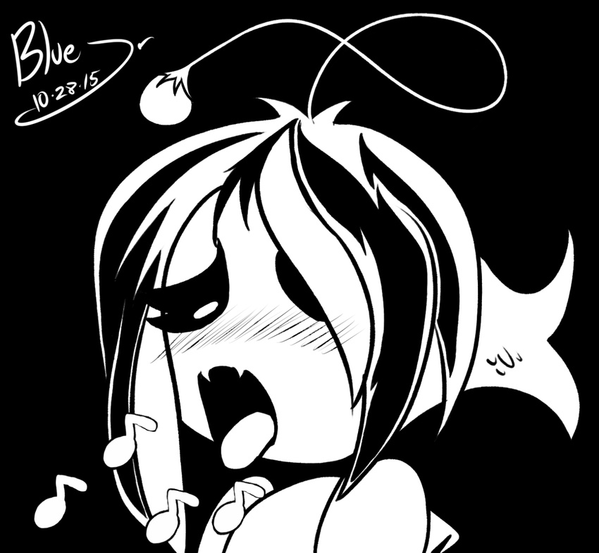 2015 black_and_white bluejr blush english_text female fish hair hair_over_eye marine monochrome monster musical_note open_mouth shyren singing solo text tongue tongue_out undertale video_games