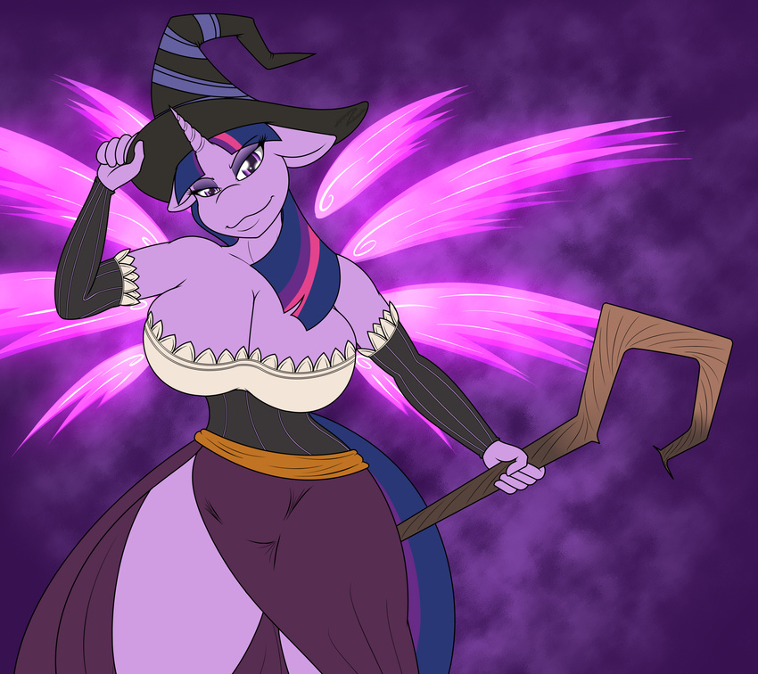 2015 absurd_res anthro anthrofied b00mt00b big_breasts breasts cleavage clothed clothing equine female friendship_is_magic glowing hair hat hi_res holding horn huge_breasts long_hair looking_at_viewer mammal my_little_pony purple_eyes purple_skin solo staff twilight_sparkle_(mlp) unicorn witch_hat