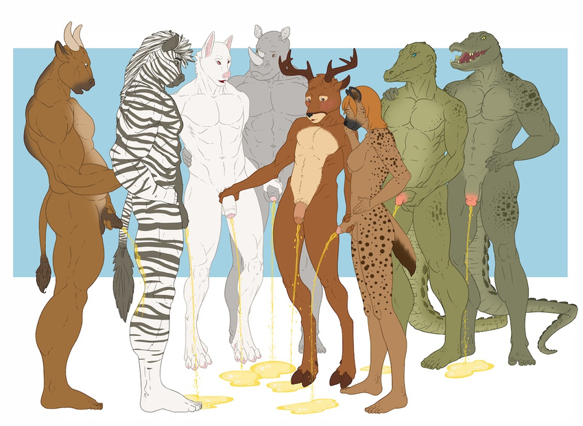 alligator anthro antlers balls bat bovine breasts cattle cervine crocodile dasher_whitetail deer dickgirl equine group horn humanoid_penis hyena intersex knoxin male male/male mammal peeing penis reptile rhinoceros scalie urine watersports zebra