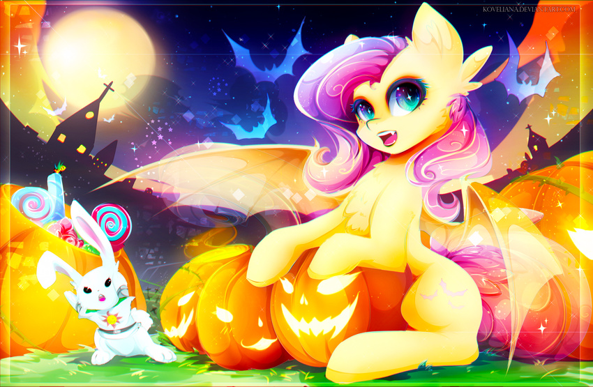 angel_(mlp) bat bat_pony bunny_ear candy cosplay dark_souls equine fangs female feral flutterbat_(mlp) fluttershy_(mlp) food friendship_is_magic halloween holidays horse jack_o'_lantern koveliana lagomorph lollipop male mammal moon my_little_pony night pegasus pony pumpkin rabbit solaire_of_astora wings