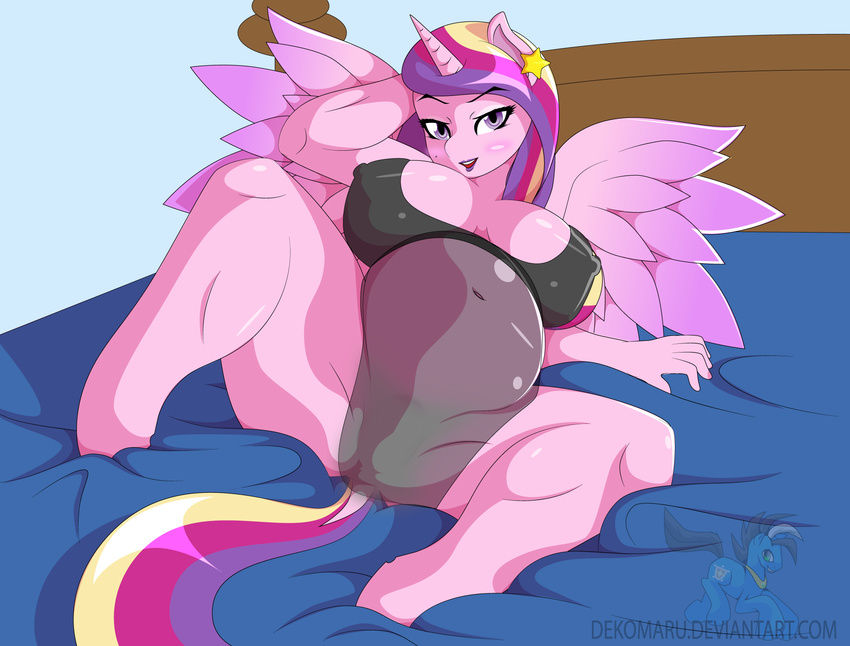 anthro anthrofied bed blush breasts cleavage clothed clothing dekomaru equine erect_nipples female friendship_is_magic hair half-closed_eyes horn horse inside invalid_tag lipstick mammal multicolored_hair my_little_pony navel nipple_bulge nipples open_mouth pink_skin pony pregnant princess_cadance_(mlp) smile solo spread_legs spreading teeth thick_thighs tongue wings