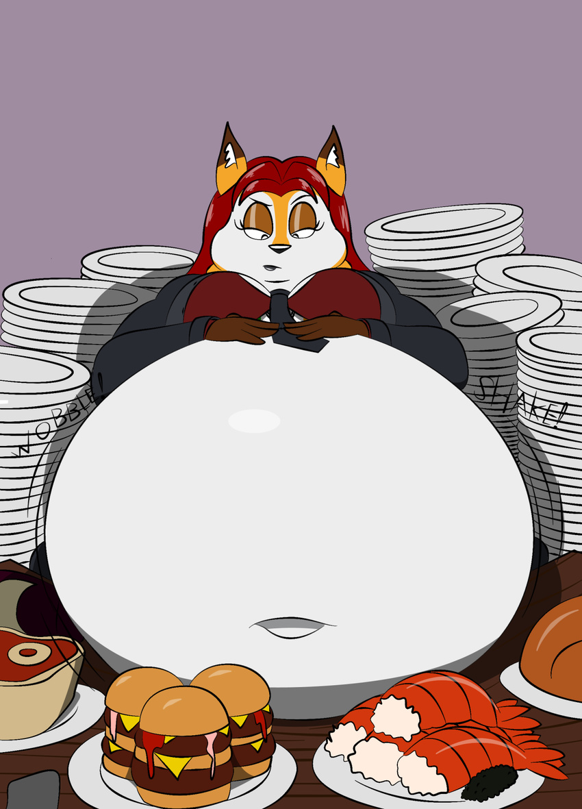 americananomaly_(artist) anthro belly big_belly big_breasts breasts canine chubby clothed clothing dog feline female food fur hair irish long_hair lynx lynxuki mammal morbidly_obese necktie obese open_mouth overweight riley_o'shane saluki smirk solo