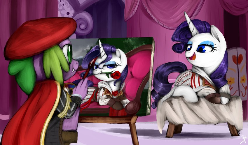 artist assassin's_creed cape clothing crossover dragon equine ezio_auditore female feral flower friendship_is_magic hair hat horn horse male male/female mammal my_little_pony painting plant pony purple_hair rarity_(mlp) rose spike_(mlp) supermare_(artist) unicorn video_games white_skin