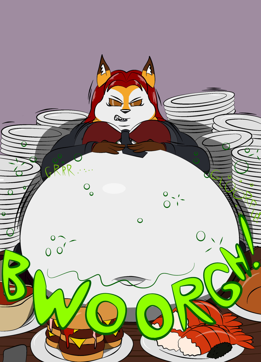 americananomaly_(artist) anthro belly big_belly big_breasts breasts canine chubby clothed clothing dog english_text feline female food fur hair hyper irish long_hair lynx lynxuki mammal morbidly_obese necktie obese overweight riley_o'shane saluki solo text