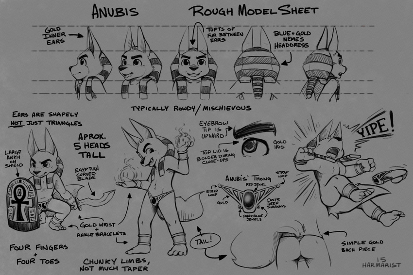 2015 ankh anklet anthro anubian_jackal anubis backsack balls bracelet butt canine clothed clothing convenient_censorship cub deity egyptian english_text falling fangs fur grey_background half-dressed harmarist headdress jackal jewelry jewels kneeling looking_at_viewer male mammal melee_weapon model_sheet monochrome multiple_poses navel nude open_mouth pose raised_tail shield simple_background solo spirit standing sword text thong tongue topless turnaround weapon wisps young
