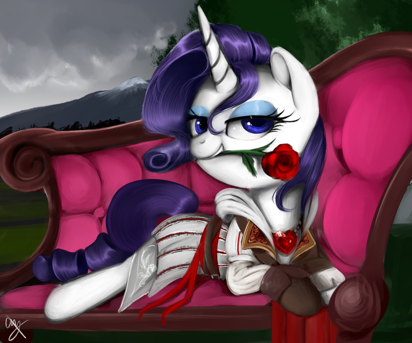 assassin's_creed blue_eyes clothing cosplay crossover equine ezio_auditore female feral flower friendship_is_magic gem hair horn horse lying mammal mouth_hold my_little_pony painting plant pony pose purple_hair rarity_(mlp) rose supermare_(artist) unicorn video_games white_skin