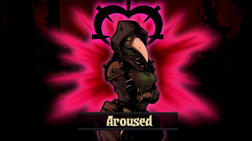 &lt;3 ambiguous_gender armor breasts clothing darkest_dungeon dialogue female gannadene gloves green_eyes hair hood horny looking_at_viewer mask not_furry plague_doctor plagueofgripes red_hair scarf shy simple_background solo tree