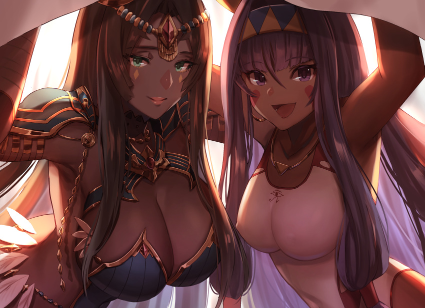 2girls animal_ears arm_up arm_wrap armlet armpits bandage bandaged_arm bandages bangs bare_shoulders black_hair blanket blue_armor blunt_bangs blush breastplate breasts chains circlet cleavage closed_mouth collarbone commentary_request dark_skin dolce_(dolsuke) earrings erect_nipples facepaint facial_mark fate/grand_order fate_(series) feathers forehead_jewel green_eyes hair_between_eyes hair_tubes hairband highres hoop_earrings jackal_ears jewelry large_breasts long_hair looking_at_viewer low-tied_long_hair multiple_girls necklace nitocris_(fate/grand_order) nitocris_(swimsuit_assassin)_(fate) one-piece_swimsuit open_mouth parted_bangs pauldrons purple_eyes purple_hair revision scheherazade_(fate/grand_order) sidelocks smile swimsuit very_long_hair white_swimsuit