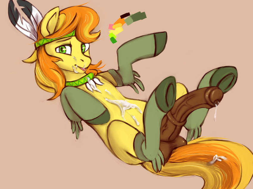 2015 animal_genitalia balls braeburn_(mlp) clothing cum cum_on_chest cum_on_face cum_on_stomach darkened_genitals earth_pony equine erection feathers feral friendship_is_magic green_eyes hair horse horsecock legwear looking_at_viewer lying male mammal multicolored_hair my_little_pony on_back orange_hair penis ponsex pony simple_background solo tongue tongue_out two_tone_hair vein