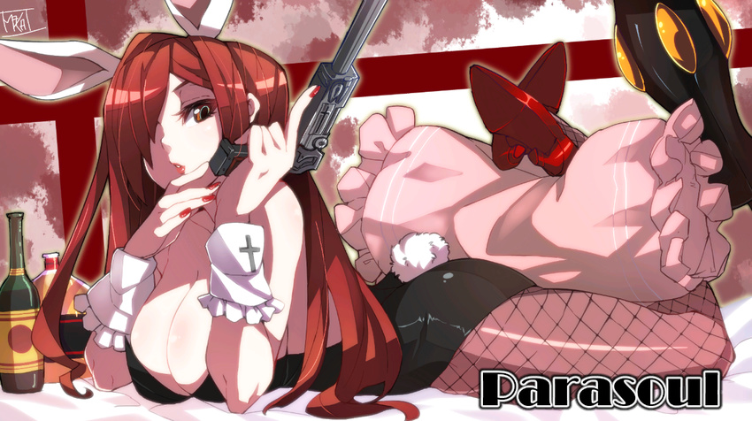 alcohol animal_humanoid bar beverage breasts brown_eyes bunny_costume female food hair hiptastic humanoid lagomorph lugermorph mammal parasoul_(skullgirls) pillow playboy_bunny rabbit_humanoid red_hair skullgirls solo suit umbrella unknown wine