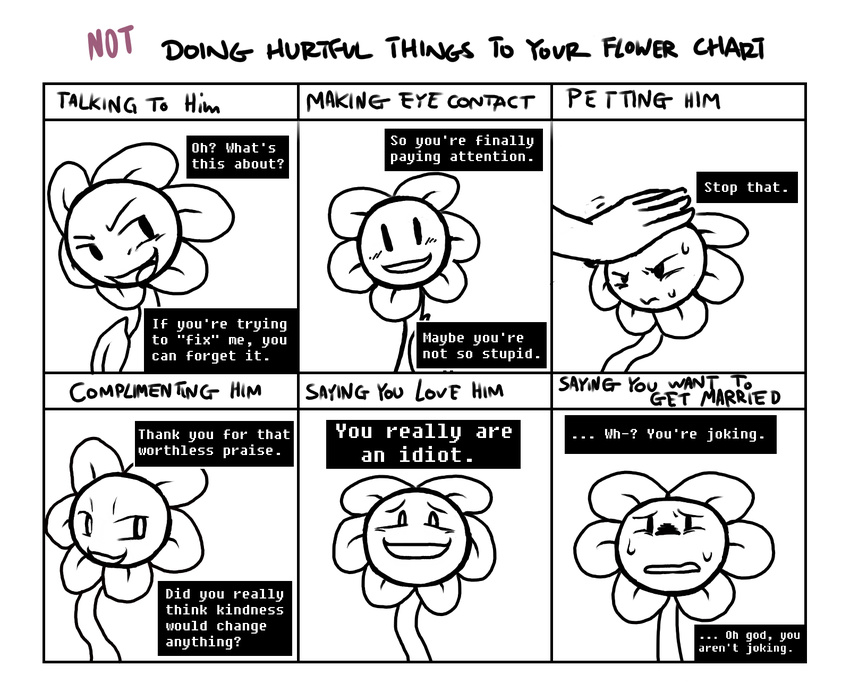 english_text flora_fauna flowey_the_flower looking_at_viewer male monochrome plant sweat text undertale video_games