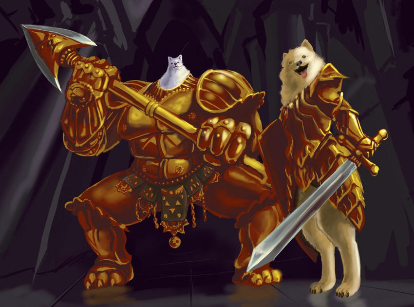 armor canine clothing dark_souls digitigrade dog greater_dog lesser_dog loincloth mammal melee_weapon muscular oniontrain polearm shield spear sword undertale video_games weapon