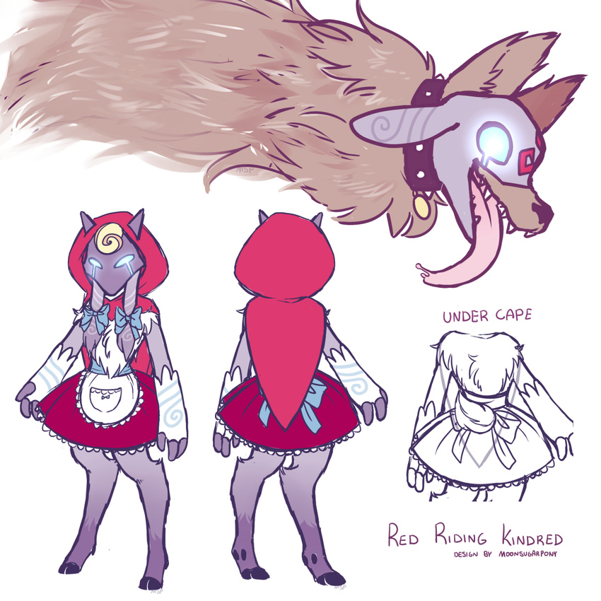 2015 anthro blue_eyes bow canine caprine clothed clothing collar digitigrade duo female fur grey_fur hooves kindred_(lol) lamb_(lol) league_of_legends little_red_riding_hood_(copyright) mammal mask moonsugar open_mouth sheep solo spirit text tongue tongue_out video_games wolf wolf_(lol)