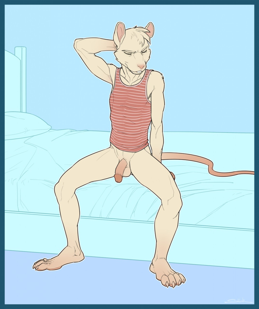 anthro balls bed biscuit_(character) bottomless clothed clothing eyes_closed flaccid half-dressed hand_behind_head humanoid_penis male mammal penis rat rodent shirt sitting solo spread_legs spreading superslickslasher tank_top