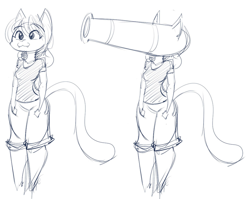 anthro black_and_white cannon cat clothed clothing feline female headcannon humor mammal monochrome pun ranged_weapon simple_background sketch solo tgwonder weapon white_background