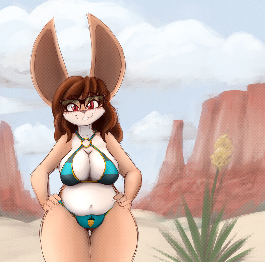 anthro bikini brown_fur brown_hair clothing female fur hair lagomorph looking_at_viewer mammal rabbit red_eyes solo swimsuit tgwonder