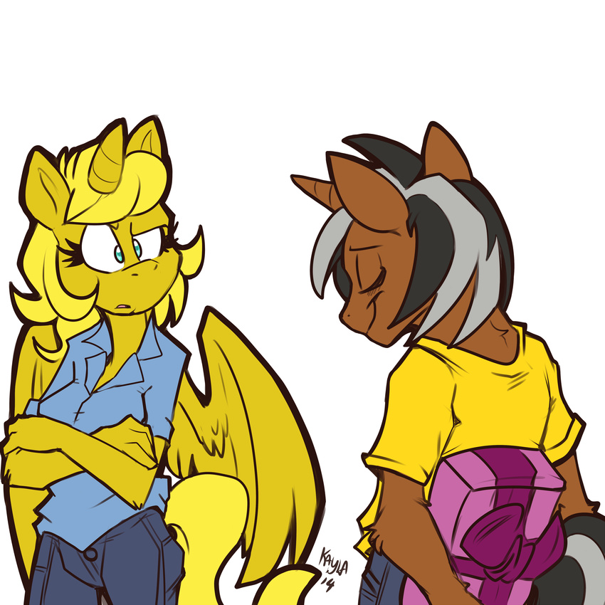 anthro blonde_hair blue_skin breasts brown_skin clothed clothing equine fan_character female gift golden_ticket hair horn jeans kayla-na male mammal my_little_pony star_sparkler unicorn winged_unicorn wings