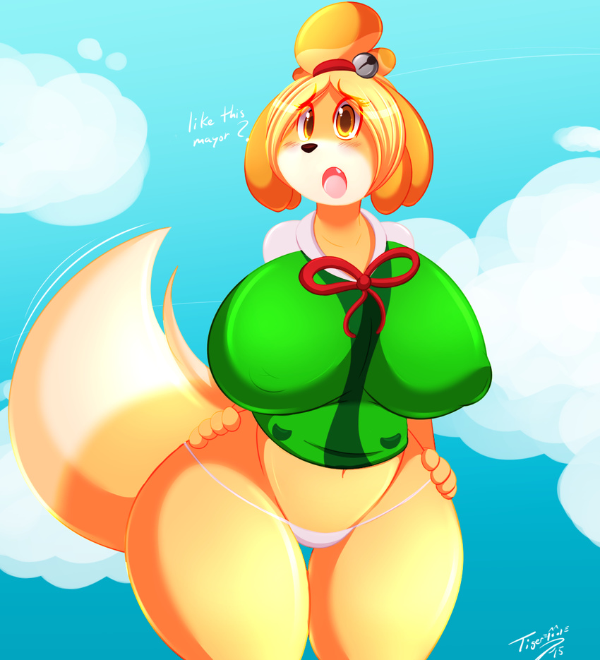 2015 animal_crossing anthro big_breasts breasts canine clothing dog english_text female huge_breasts isabelle_(animal_crossing) mammal nintendo panties solo text tiger1001 underwear video_games