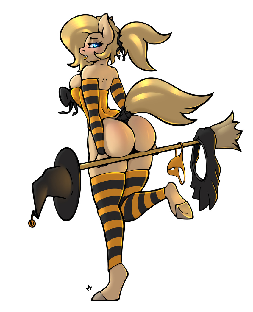 anthro backy big_butt blonde_hair blue_eyes blush broom butt clothing earth_pony equine fan_character female hair halloween holidays horse looking_at_viewer mammal my_little_pony panties pony skirt slavedemorto solo underwear