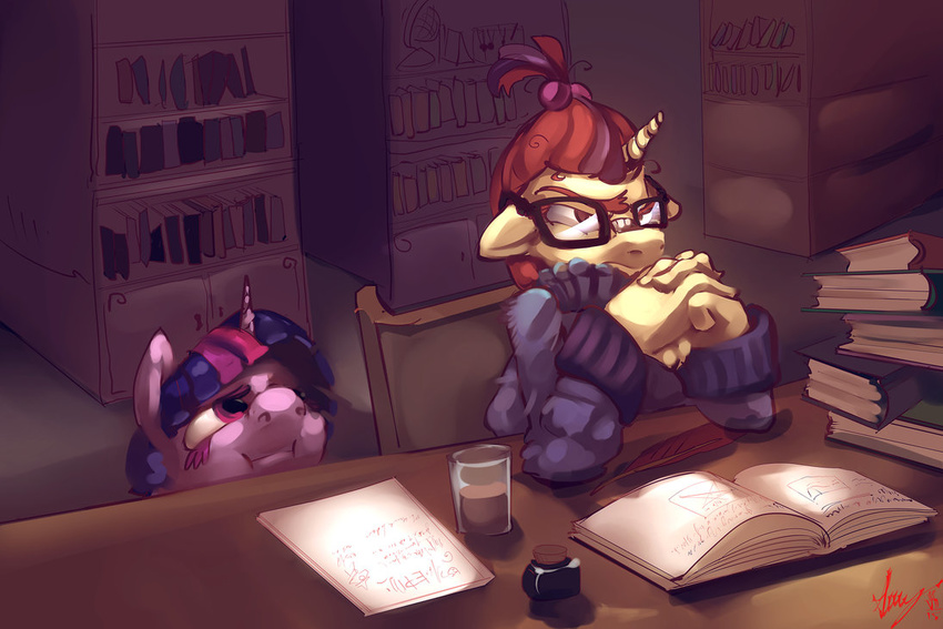 alumx angry anthro book bookcase clothed clothing drink duo equine feathers female friendship_is_magic hair horn horse ink loose_feather mammal moondancer_(mlp) multicolored_hair my_little_pony paper pony quill spying twilight_sparkle_(mlp) unicorn