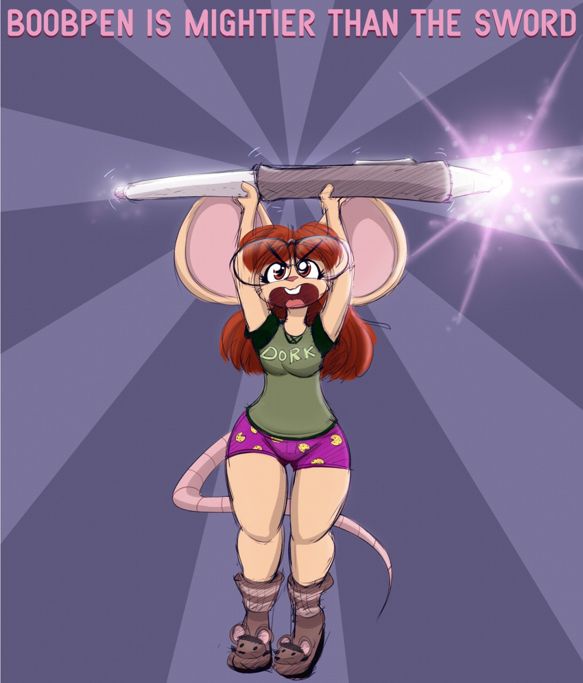 anthro brown_eyes brown_hair clothed clothing english_text eyewear female glasses hair mammal mouse pen rodent simple_background solo text tgwonder