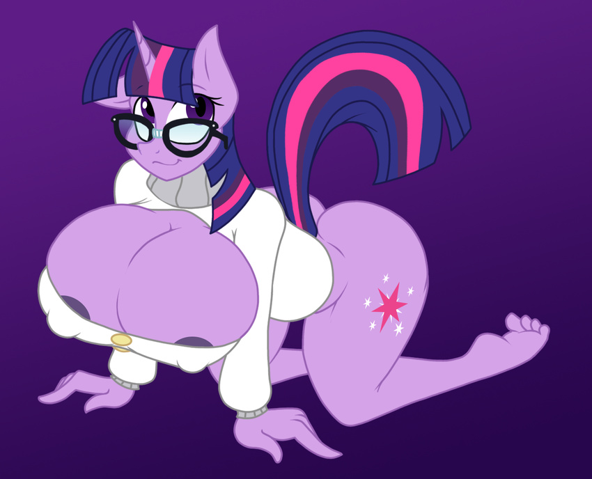 2015 all_fours anthro anthrofied barefoot big_breasts bottomless breasts cleavage clothed clothing colored cutie_mark edit equine eyewear female friendship_is_magic glasses hair half-dressed horn huge_breasts humanoid_feet jrvanesbroek keyhole_turtleneck long_hair mammal my_little_pony purple_background purple_eyes skullman777 smile solo sweater twilight_sparkle_(mlp) unicorn