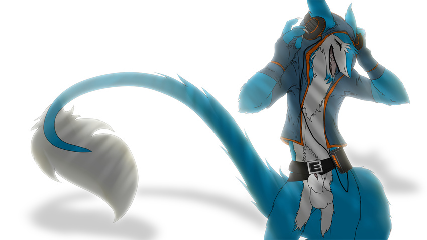 2015 animal_genitalia anthro balls blue_fur bottomless chest_tuft claws clothed clothing dancing digital_media_(artwork) eyes_closed facial_hair flaccid fluffy fur gamblefur goatee half-dressed headphones long_tail male mammal marshal_blue open_mouth penis sergal sheath simple_background smile solo teeth tongue tuft white_background white_fur