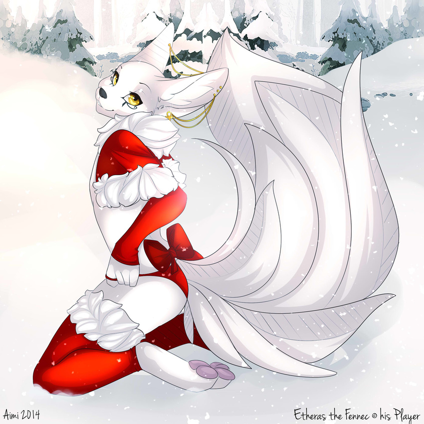 2014 aimi anthro bow canine clothing etheras etheras_(copyright) facial_markings fennec fox fur girly looking_at_viewer male mammal mane markings multiple_tails outside panties paws piercing snow solo underwear white_fur yellow_eyes