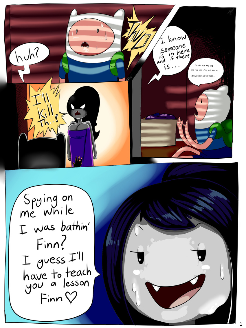 adventure_time big_breasts black_hair breasts clothed clothing comic duo english_text female finn_the_human hair human humanoid long_hair male mammal marceline not_furry open_mouth text the_humancopier_(artist) vampire