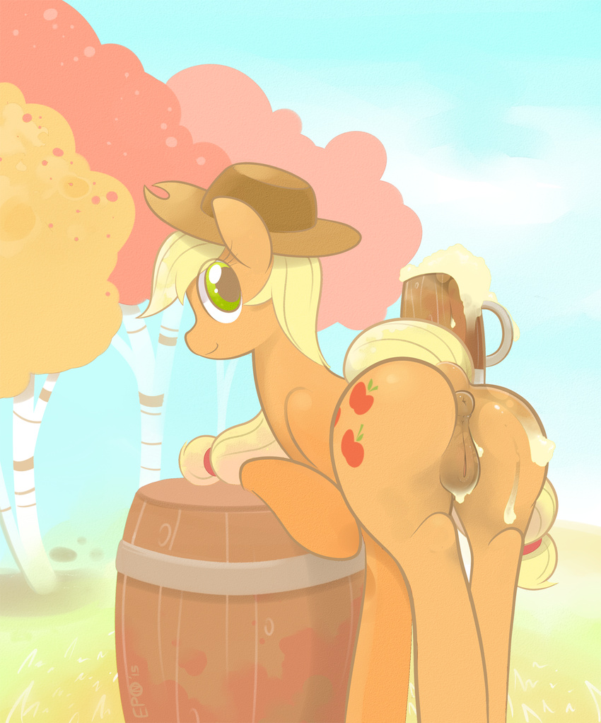 2015 alcohol animal_genitalia anus applejack_(mlp) barrel beverage blonde_hair braddo butt cup cutie_mark dock earth_pony equine equine_pussy female feral food friendship_is_magic hair hat hi_res horse long_hair looking_at_viewer mammal my_little_pony outside pony pussy smile solo tree